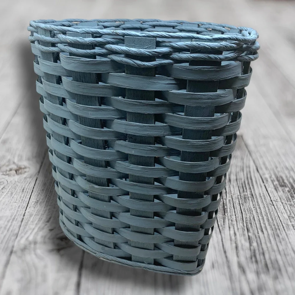 Vintage Heart Shaped Wicker Waste Basket Trash Bin Dusty Blue Cottage Farmhouse